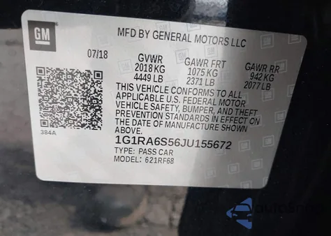 2018 Chevrolet Volt Lt z USA, uszkodzony, nr VIN 1G1RA6S56JU155672
